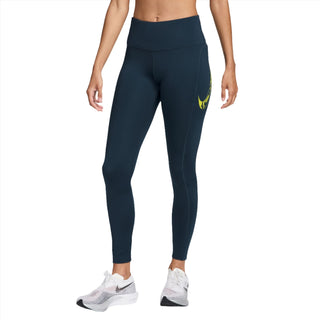 Nike Womens Fast Swoosh Mid-Rise Running Leggings | Armoury Navy/Bright Cactus