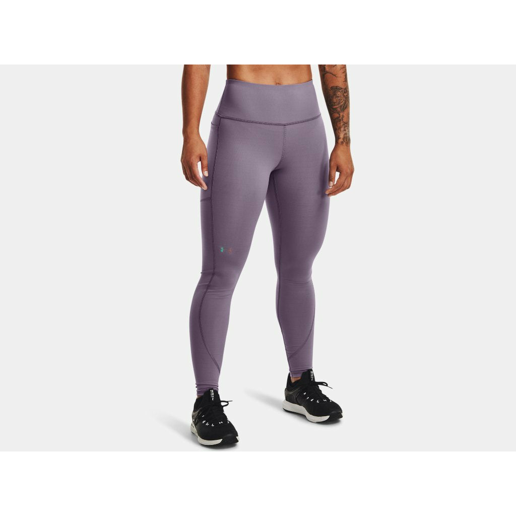 UNDER AMOUR WOMENS RUSH NO SLIP WAIST BAND FULL LENGTH LEGGINGS CLUB PURPLE IRIDESCENT